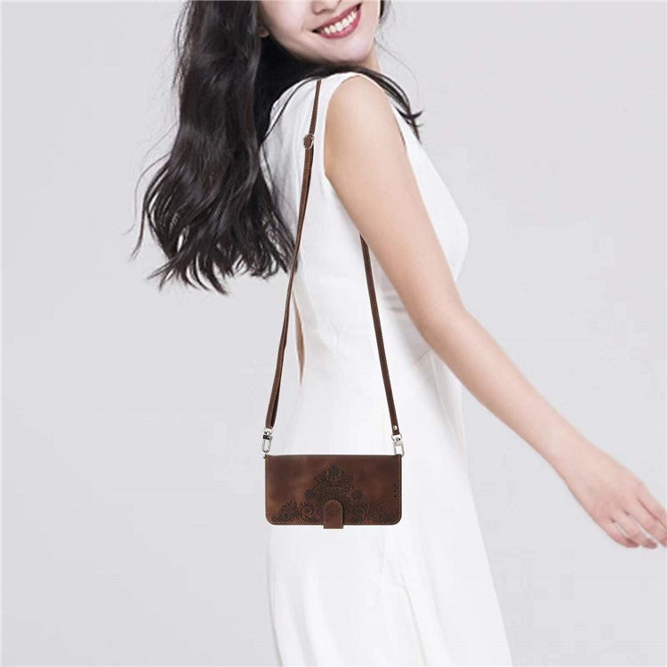 Anti-Drop PU Leather Case for Honor X40i 5G Imprinted Flower Skin-Touch Wallet Phone Cover with Strap - Brown