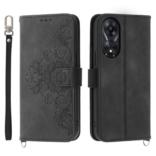 Skin-Touch Phone Case for Oppo A78 5G PU Leather Phone Shell Flower Imprinted Wallet Cover with Strap - Black