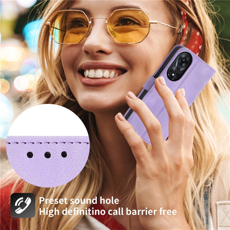 Skin-Touch Phone Case for Oppo A78 5G PU Leather Phone Shell Flower Imprinted Wallet Cover with Strap - Light Purple