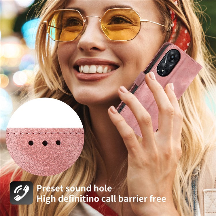 Skin-Touch Phone Case for Oppo A78 5G PU Leather Phone Shell Flower Imprinted Wallet Cover with Strap - Pink