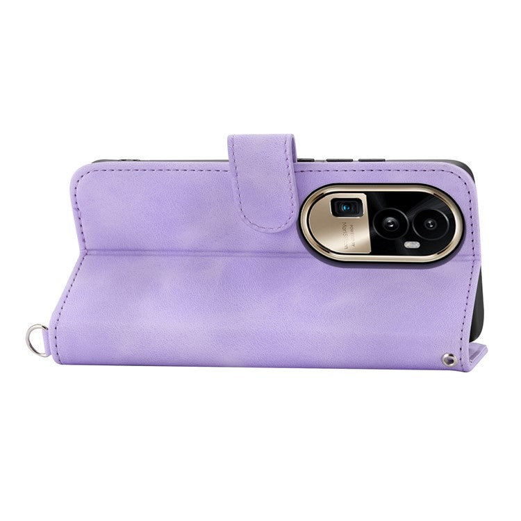 Skin-Touch Phone Case for Oppo Reno10 Pro+ 5G Flower Imprinted Leather Wallet Cover with Strap - Light Purple