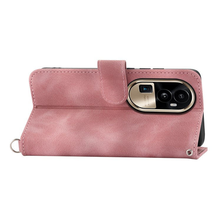 Skin-Touch Phone Case for Oppo Reno10 Pro+ 5G Flower Imprinted Leather Wallet Cover with Strap - Pink