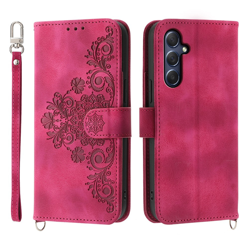 For Samsung Galaxy M54 5G / F54 5G Wallet Phone Case Flower Imprinted Skin-Touch Leather Cover with Strap - Wine Red