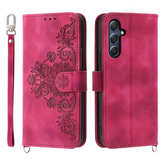 For Samsung Galaxy M54 5G / F54 5G Wallet Phone Case Flower Imprinted Skin-Touch Leather Cover with Strap - Wine Red
