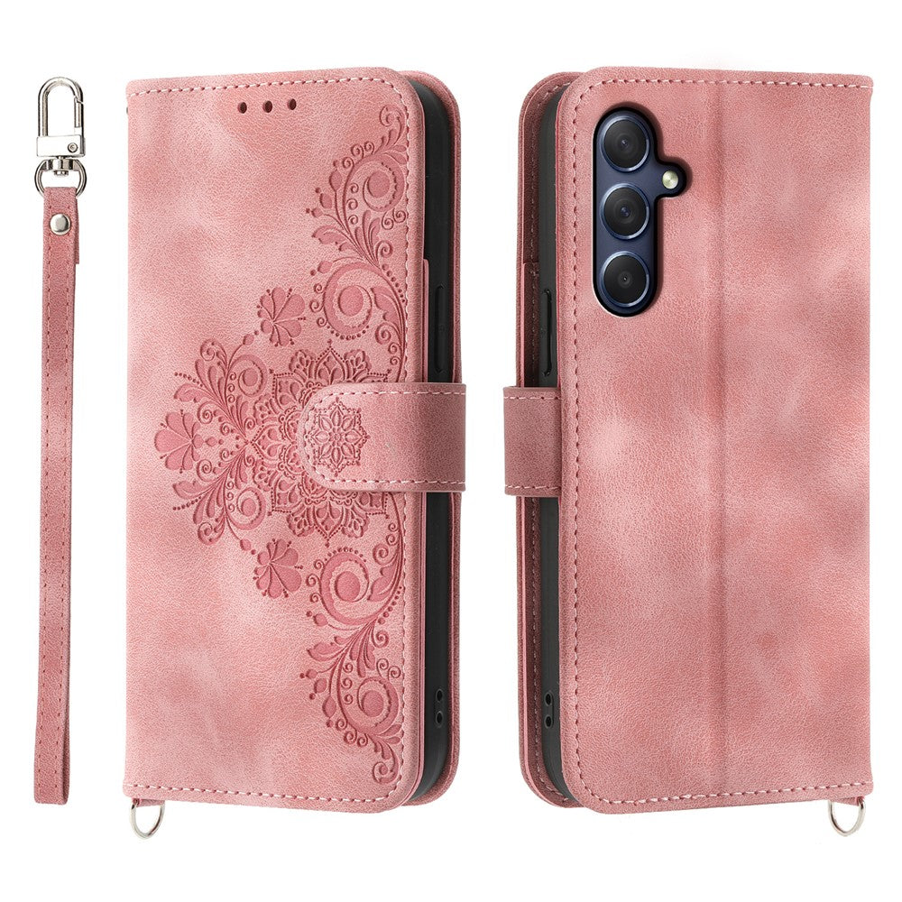 For Samsung Galaxy M54 5G / F54 5G Wallet Phone Case Flower Imprinted Skin-Touch Leather Cover with Strap - Pink