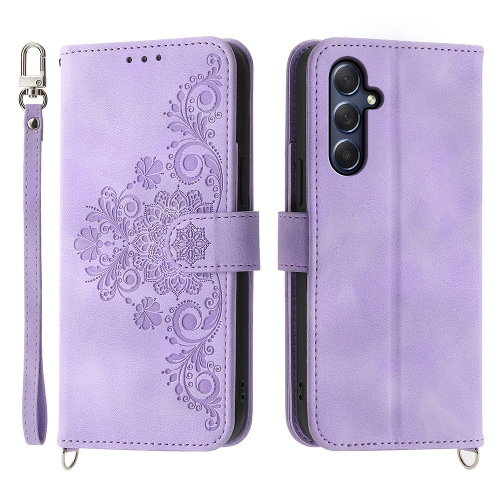 For Samsung Galaxy M54 5G / F54 5G Wallet Phone Case Flower Imprinted Skin-Touch Leather Cover with Strap - Light Purple