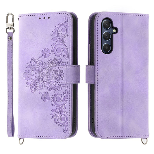 For Samsung Galaxy M54 5G / F54 5G Wallet Phone Case Flower Imprinted Skin-Touch Leather Cover with Strap - Light Purple
