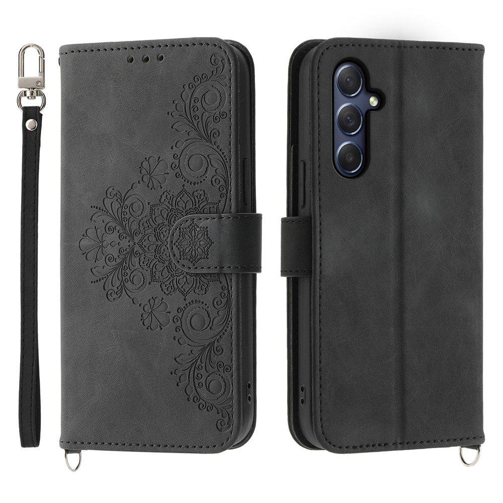 For Samsung Galaxy M54 5G / F54 5G Wallet Phone Case Flower Imprinted Skin-Touch Leather Cover with Strap - Black