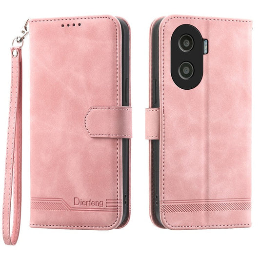DIERFENG DF-03 for Honor X40i 5G Leather Phone Case Lines Imprinted Flip Stand Wallet Cover - Pink