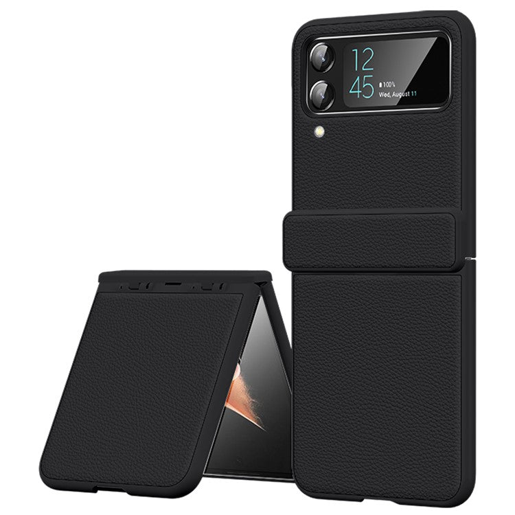 For Samsung Galaxy Z Flip4 5G Cowhide Leather+PC Phone Case Litchi Texture Shockproof Cover - Black