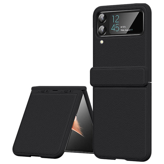 For Samsung Galaxy Z Flip4 5G Cowhide Leather+PC Phone Case Litchi Texture Shockproof Cover - Black