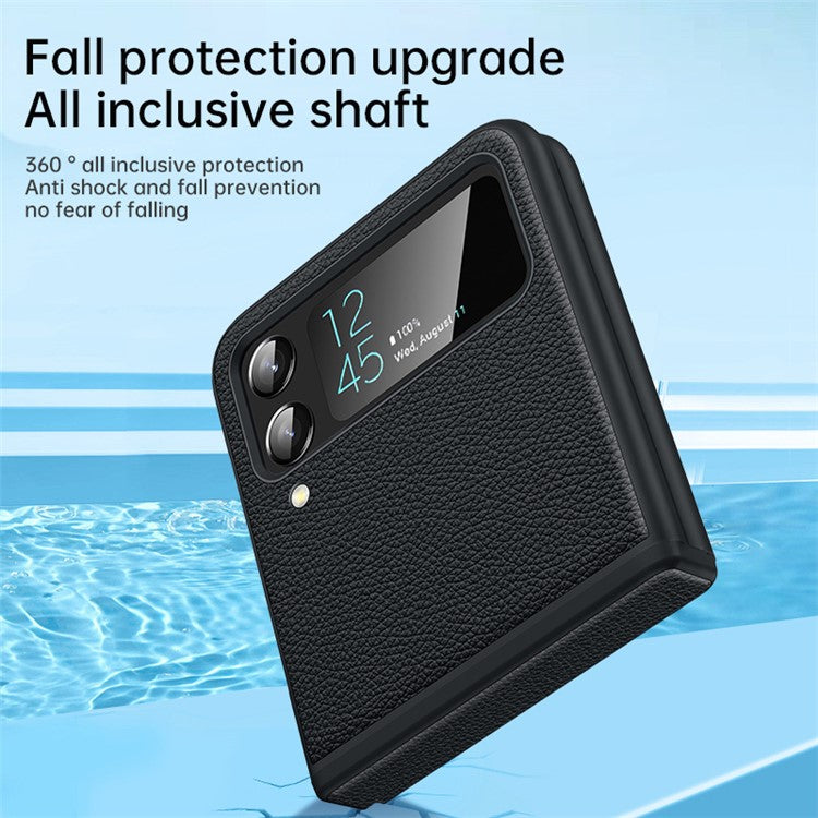 For Samsung Galaxy Z Flip4 5G Cowhide Leather+PC Phone Case Litchi Texture Shockproof Cover - Black