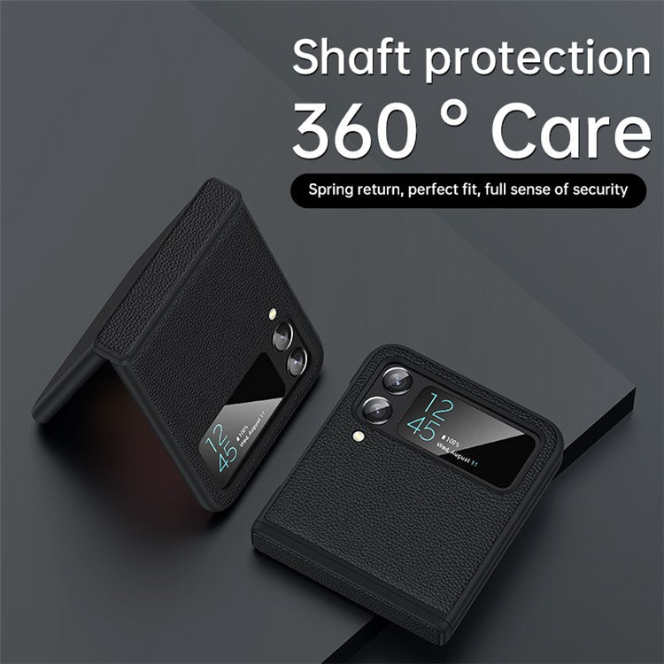 For Samsung Galaxy Z Flip4 5G Cowhide Leather+PC Phone Case Litchi Texture Shockproof Cover - Black