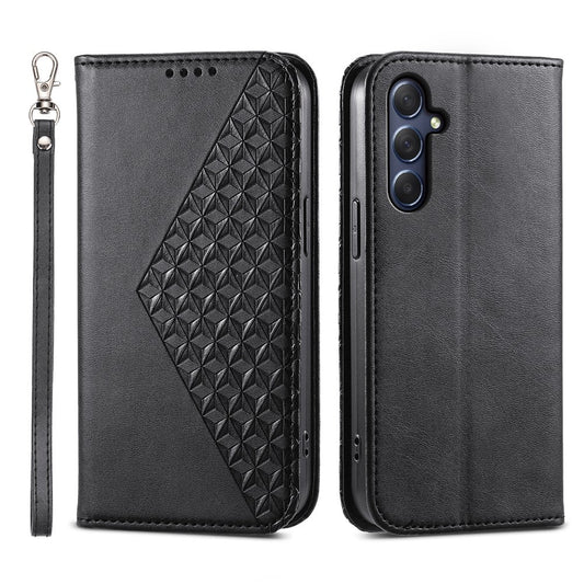 Phone Leather Case for Samsung Galaxy M54 5G / F54 5G , Imprinted Rhombus Pattern Wallet Stand Cover - Black