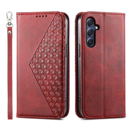 Phone Leather Case for Samsung Galaxy M54 5G / F54 5G , Imprinted Rhombus Pattern Wallet Stand Cover - Red