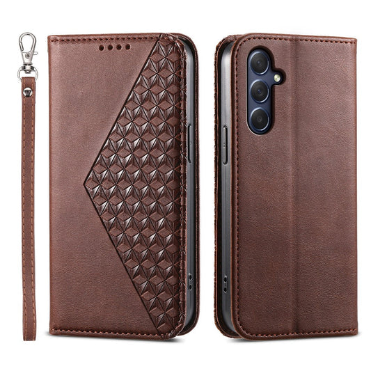 Phone Leather Case for Samsung Galaxy M54 5G / F54 5G , Imprinted Rhombus Pattern Wallet Stand Cover - Brown
