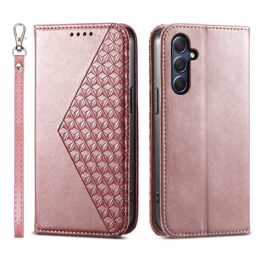 Phone Leather Case for Samsung Galaxy M54 5G / F54 5G , Imprinted Rhombus Pattern Wallet Stand Cover - Rose Gold
