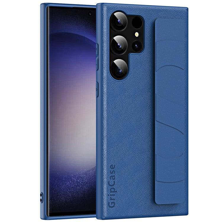 For Samsung Galaxy S22 Ultra 5G Litchi Texture PU Leather Coated PC+TPU Shockproof Case Phone Cover with Wristband - Blue