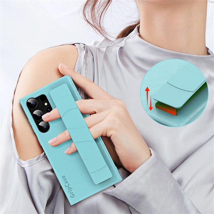 For Samsung Galaxy S22 Ultra 5G Litchi Texture PU Leather Coated PC+TPU Shockproof Case Phone Cover with Wristband - Blue