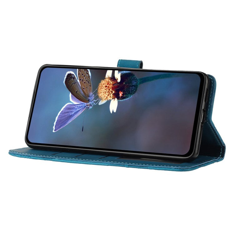 For Samsung Galaxy A22 5G (EU Version) PU Leather Full Protection Shell Flowers Imprint Stand Wallet Phone Case - Blue