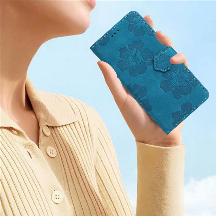 For Samsung Galaxy A22 5G (EU Version) PU Leather Full Protection Shell Flowers Imprint Stand Wallet Phone Case - Blue