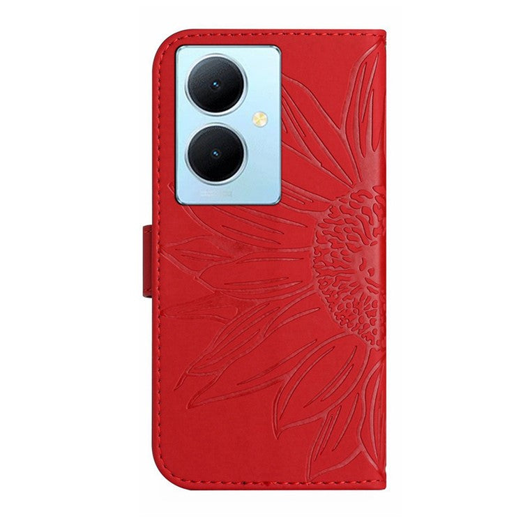 HT04 Phone Case for vivo Y78+ 5G , Leather Wallet Sunflower Pattern Stand Cover with Hand Strap - Red