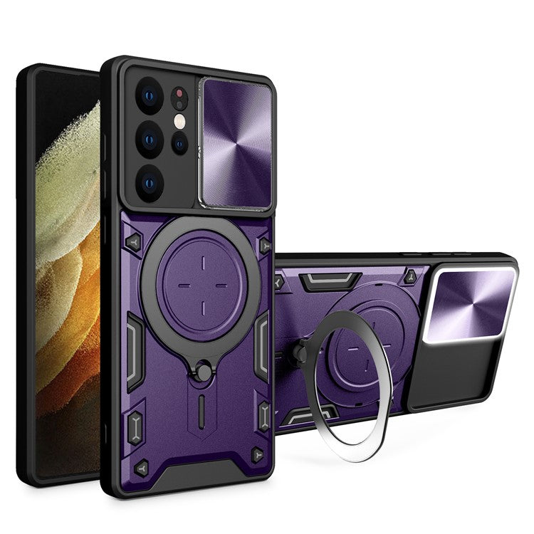 For Samsung Galaxy S21 Ultra 5G Rotatable Kickstand PC+TPU Phone Case Slide Camera Lid Shockproof Cover - Purple