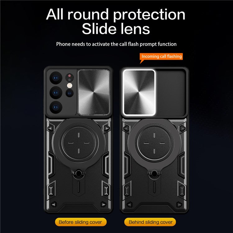 For Samsung Galaxy S21 Ultra 5G Rotatable Kickstand PC+TPU Phone Case Slide Camera Lid Shockproof Cover - Purple