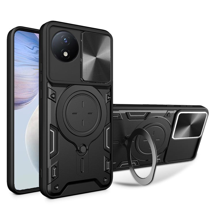 For vivo Y02 4G Rotatable Kickstand Slide Camera Lid Cover PC+TPU Shockproof Phone Case - Black