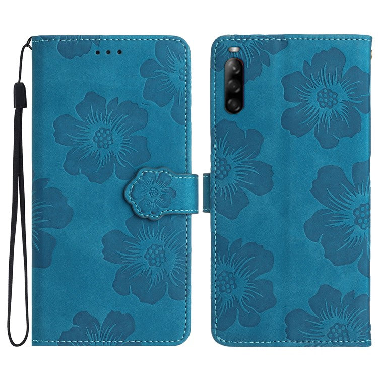 Phone Case for Sony Xperia L4 Flowers Imprinted Stand PU Leather Wallet Cover - Blue
