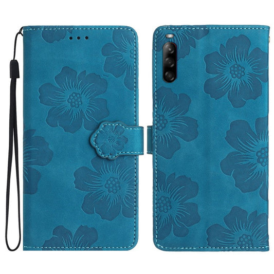 Phone Case for Sony Xperia L4 Flowers Imprinted Stand PU Leather Wallet Cover - Blue