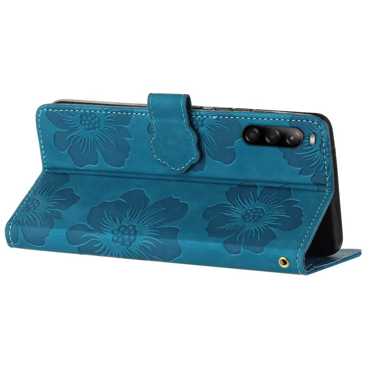 Phone Case for Sony Xperia L4 Flowers Imprinted Stand PU Leather Wallet Cover - Blue