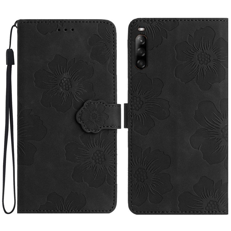 Phone Case for Sony Xperia L4 Flowers Imprinted Stand PU Leather Wallet Cover - Black