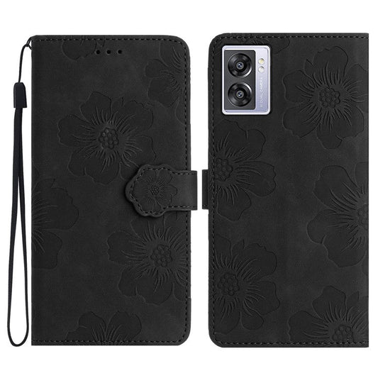 PU Leather Wallet Case for Oppo A57 (2022) 5G / A77 5G , Stand Flowers Imprinted Phone Cover - Black