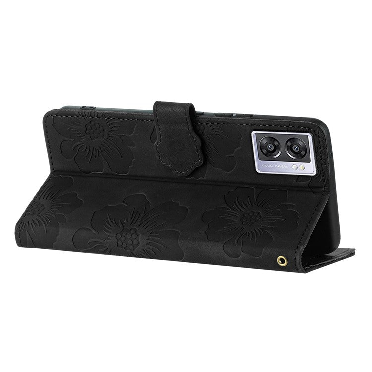 PU Leather Wallet Case for Oppo A57 (2022) 5G / A77 5G , Stand Flowers Imprinted Phone Cover - Black