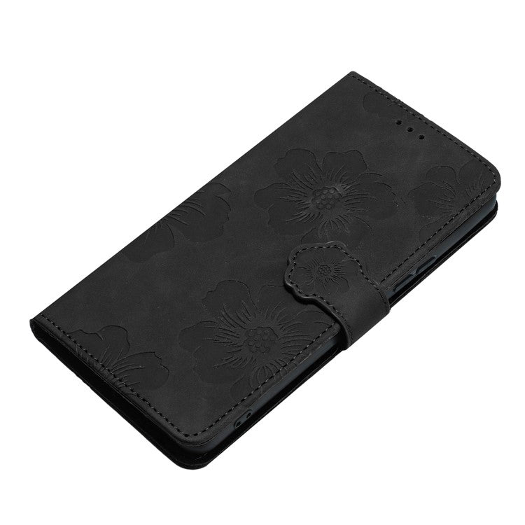 PU Leather Wallet Case for Oppo A57 (2022) 5G / A77 5G , Stand Flowers Imprinted Phone Cover - Black
