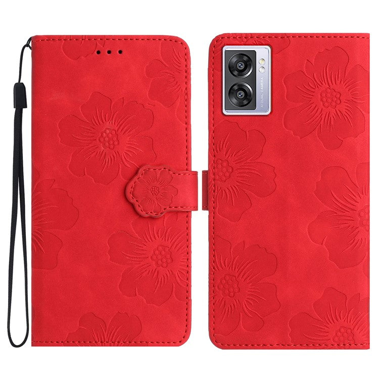PU Leather Wallet Case for Oppo A57 (2022) 5G / A77 5G , Stand Flowers Imprinted Phone Cover - Red