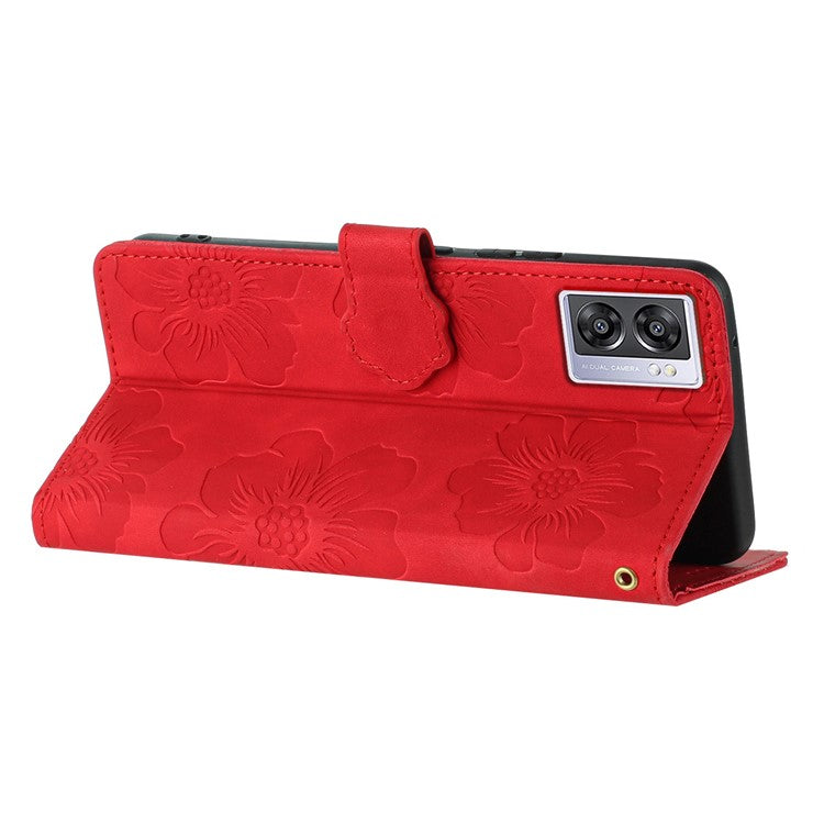 PU Leather Wallet Case for Oppo A57 (2022) 5G / A77 5G , Stand Flowers Imprinted Phone Cover - Red