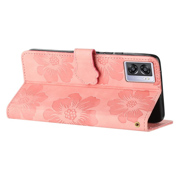 PU Leather Wallet Case for Oppo A57 (2022) 5G / A77 5G , Stand Flowers Imprinted Phone Cover - Pink