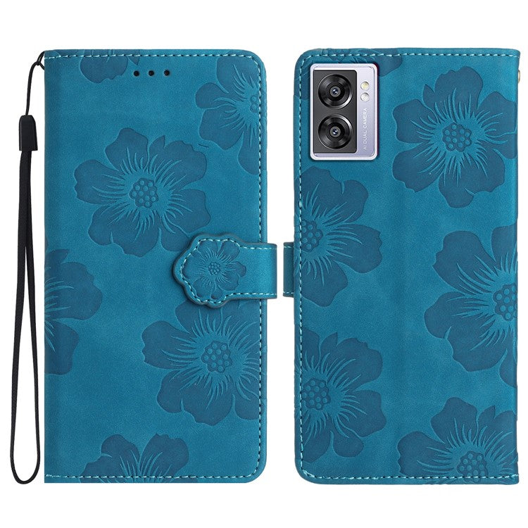 PU Leather Wallet Case for Oppo A57 (2022) 5G / A77 5G , Stand Flowers Imprinted Phone Cover - Blue