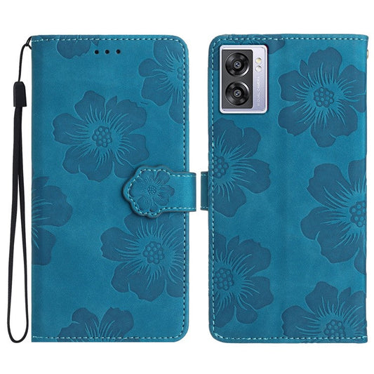 PU Leather Wallet Case for Oppo A57 (2022) 5G / A77 5G , Stand Flowers Imprinted Phone Cover - Blue