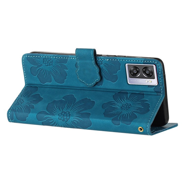 PU Leather Wallet Case for Oppo A57 (2022) 5G / A77 5G , Stand Flowers Imprinted Phone Cover - Blue