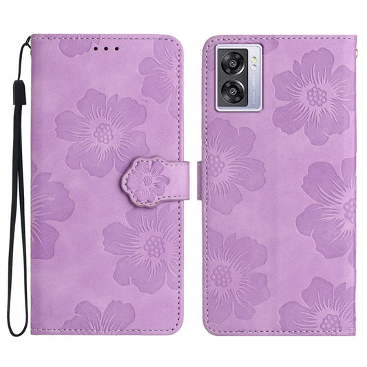 PU Leather Wallet Case for Oppo A57 (2022) 5G / A77 5G , Stand Flowers Imprinted Phone Cover - Purple