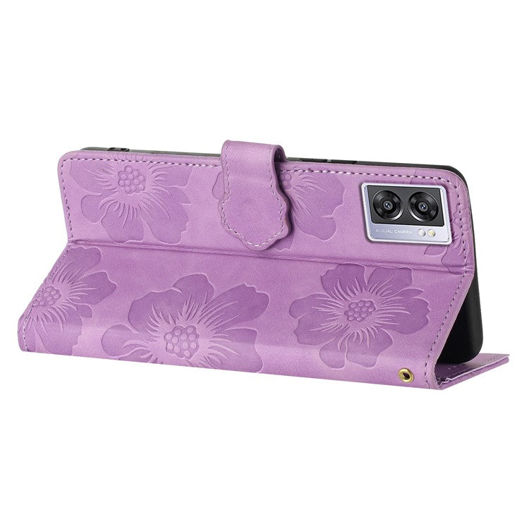 PU Leather Wallet Case for Oppo A57 (2022) 5G / A77 5G , Stand Flowers Imprinted Phone Cover - Purple