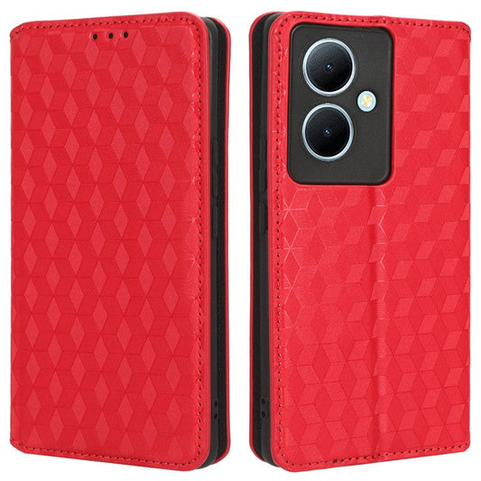 For vivo Y78 5G / Y78+ 5G / V29 Lite 5G Rhombus Imprinted Shell PU Leather Stand Shockproof Case Phone Cover - Red