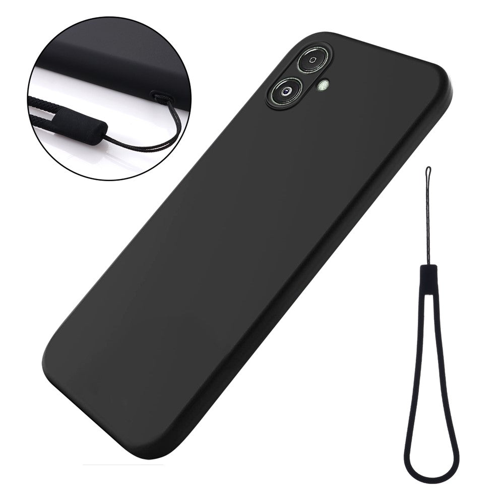 For Samsung Galaxy F14 5G Anti-Dust Liquid Silicone Phone Cover Soft Lining Phone Case with Strap - Black
