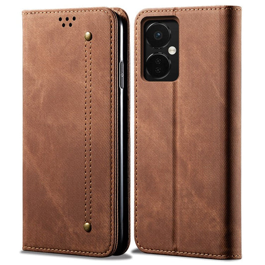PU Leather Case for OnePlus Nord CE3 5G Stand Wallet Jeans Cloth Texture Phone Cover - Coffee