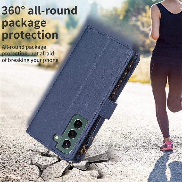 BF Style-19 for Samsung Galaxy S22+ 5G Anti-Scratch Shell Case PU Leather Wallet Stand Zippered Phone Cover - Blue