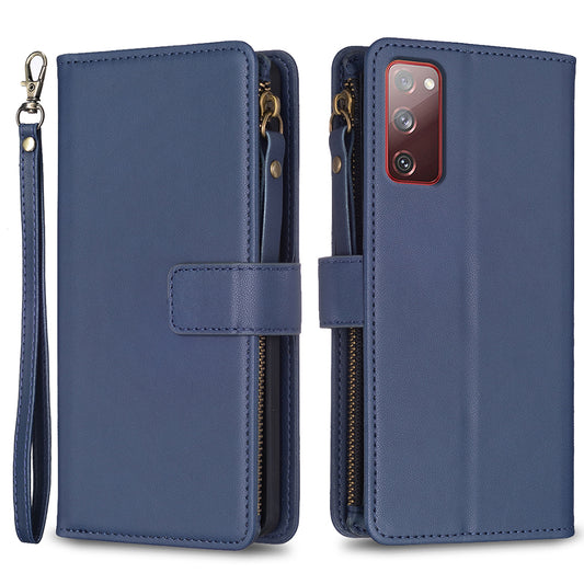 BF Style-19 for Samsung Galaxy S20 FE 5G / S20 FE / S20 FE 2022 / S20 Lite PU Leather Cover Wallet Stand Zippered Phone Case - Blue