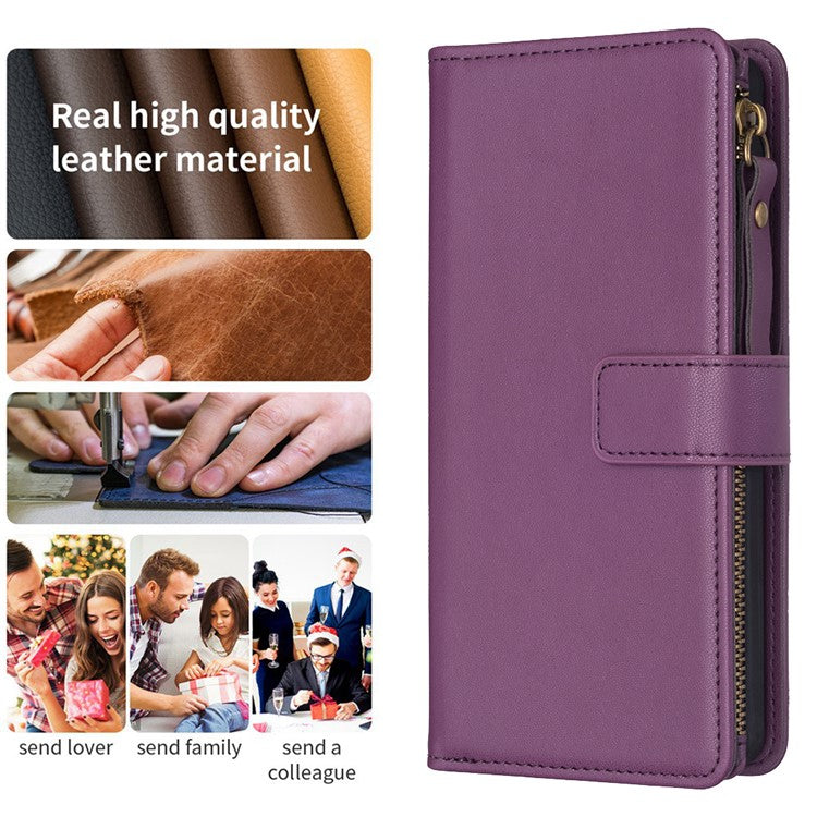 BF Style-19 for Oppo A74 / A93 / A54 5G Zipper Pocket PU Leather Phone Case Wallet Stand Cover - Dark Purple